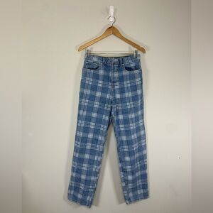 H&M Divided Plaid High Waist Straight Leg Jeans Blue Button Fly Size 6
